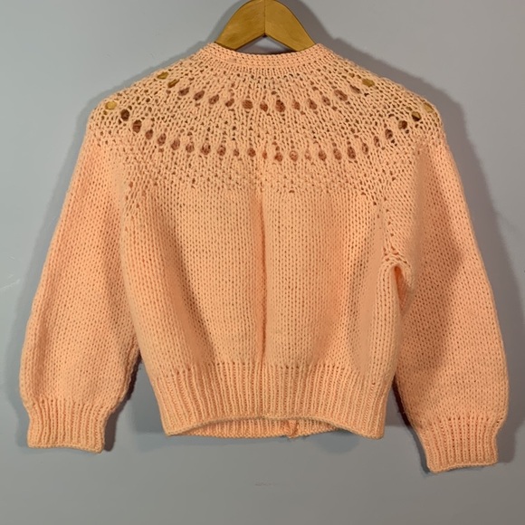 Hand knit crocheted light baby pink cardigan covered buttons homemade size 8-9 - Picture 4 of 6